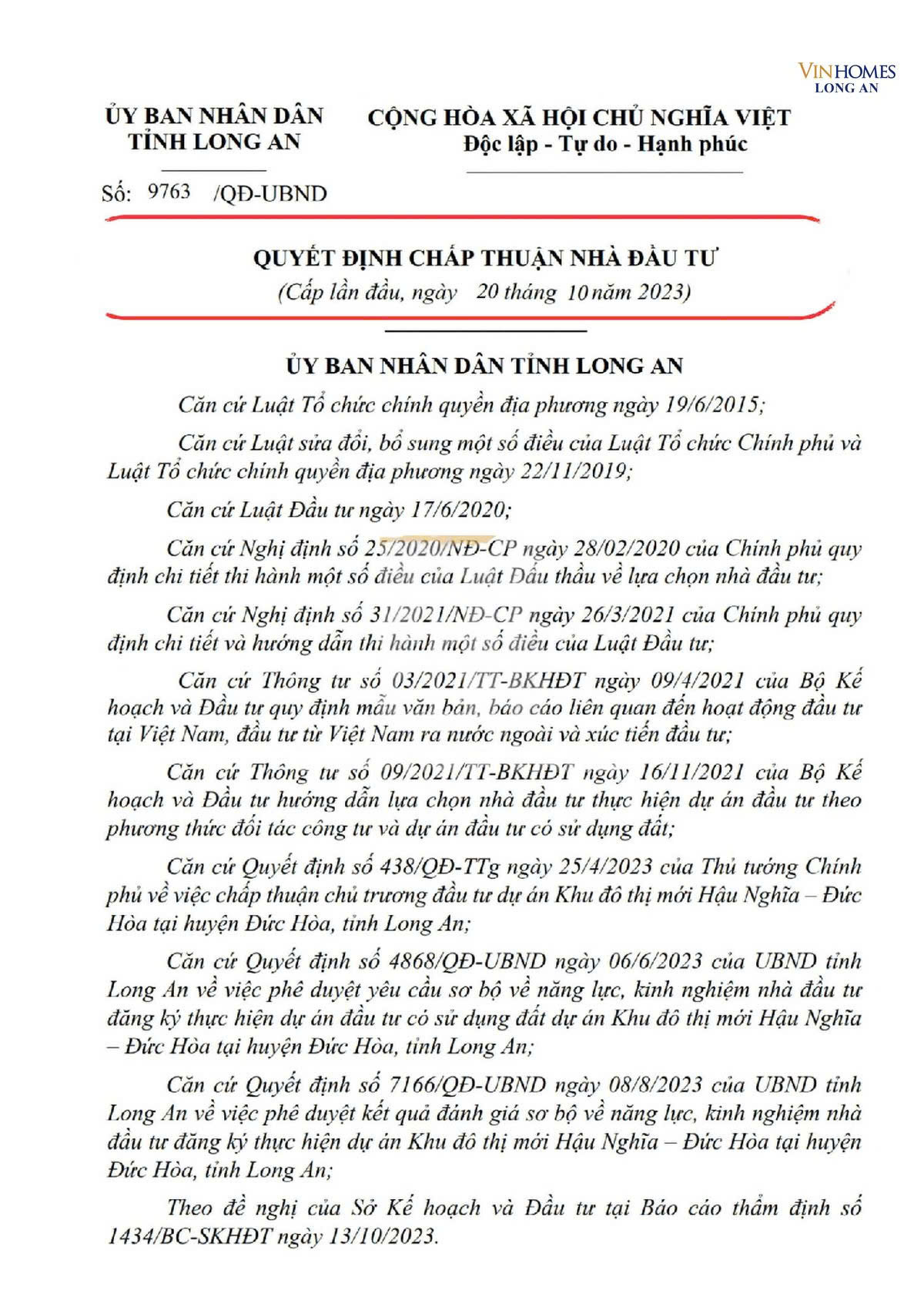 Quyết định chấp thuận đầu tư của UBND Long An